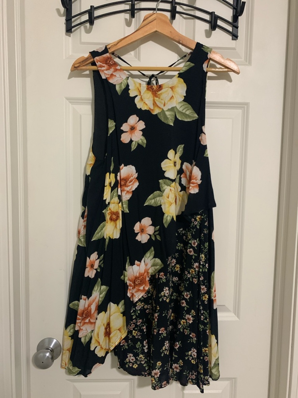 Forever 21 Black Floral Asymmetrical Sundress with Yellow and Peach Flowers